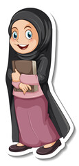 A sticker template with muslim woman cartoon character