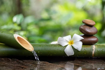 Window stickers Spa Relaxation with stream of water flowing out of bamboo tube on nature surface..