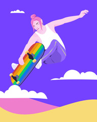 Skater with rainbow pride skateboard catching air
