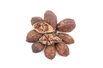 Black cardamom or amomum subulatum isolated on white background.top view,flat lay.