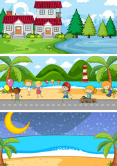 Fototapeta premium Set of different horizontal scenes background with doodle kids cartoon character