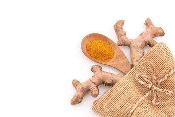 Turmeric rhizome and powder isolated on white background.top view,flat lay.