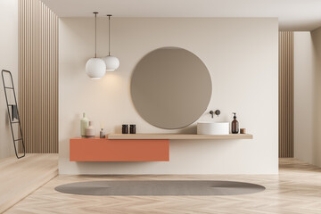Light bathroom interior with minimalist sink and parquet floor