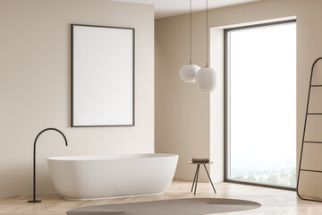 Bathtub in beige bathroom interior with mockup poster near window