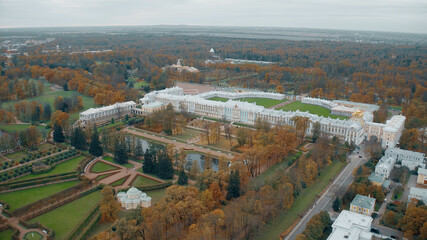 Saint-Petersburg, Pushkin city, Russia - september 30, 2021: Aerial shot Catherine park and Palace