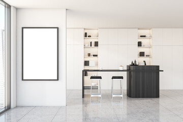 Light kitchen interior with furniture on tiled floor, mockup frame