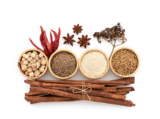 Mala chili recipe and ingredients such as dried chili, white sesame, coriander seeds, cumin, cardamom, star anise, cinnamon and sichuan pepper.