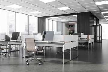 Business room interior with office furniture and private manager room, city view