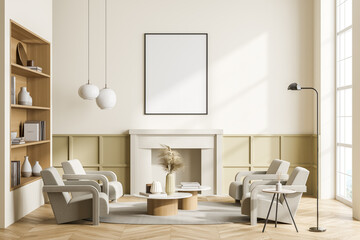 Light living room interior with four armchairs, bookshelf and poster mock up