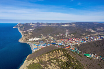 Arial view of Sukko village and Black Sea coast on sunny winter day. Krasnodar Krai, Russia.