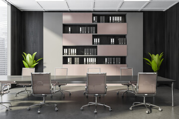 Conference room interior with furniture and shelf near window