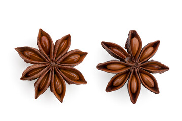 Star anise or Illicium verum fruits isolated on white background with clipping path.top view,flat lay.