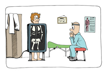 Funny cute worried doctor looking the strange bone scan of his patient. Humorous cartoon style vector illustration.