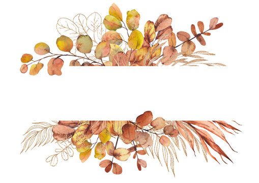 Eucalyptus leaves and branches frame. Watercolor and gold line illustration isolated on white background.