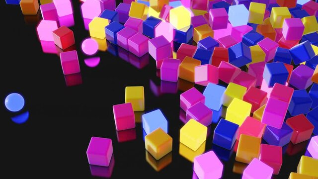 Abstract garland of multicolored glow cubes lay on plane. 3d render abstract looped christmas background with garland cubes. Festive bright beautiful bg. Festive toys cubes on plane