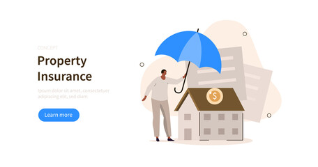 Fototapeta na wymiar Real estate insurance agent or salesman covering house with umbrella. House protection from damage or other insurance cases concept. Flat cartoon vector illustration isolated.
