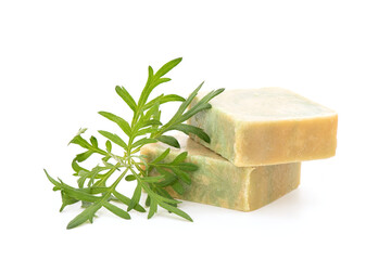 Soap with mugwort extract isolated on white background.