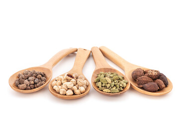 Cardamom , black cardamom ,siam cardamom and etlingera punicea fruits isolated on white background.