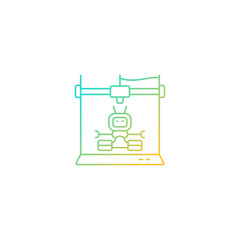 3d robots printing gradient linear vector icon. Robotic additive manufacturing. Innovative robot building process. Thin line color symbol. Modern style pictogram. Vector isolated outline drawing