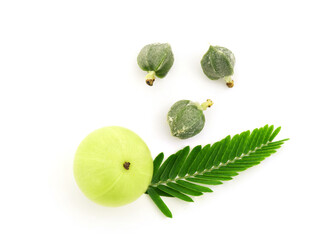 Indian Gooseberry fruits and seeds isolated on white background.top view,flat lay