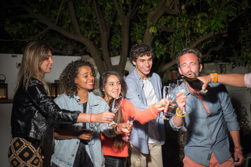 Young people drinking champagne at party. Woman pouring beverage in glasses. People smiling. Party, celebration, nightlife concept