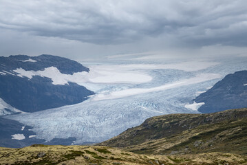 Hardangerjøkulen (Hardanger Glacier), Eidfjord and Ulvik, Vestland, Norway. Distant view from the moorlands of the Hardangervidda National Park