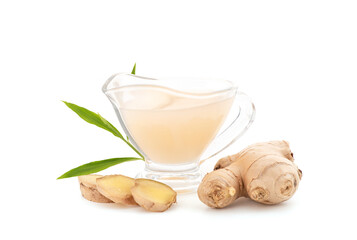 Ginger rhizome and juice isolated on white background.