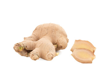 Ginger rhizome and green leaves isolated on white background with clipping.