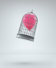 Red balloon inside a bird cage.