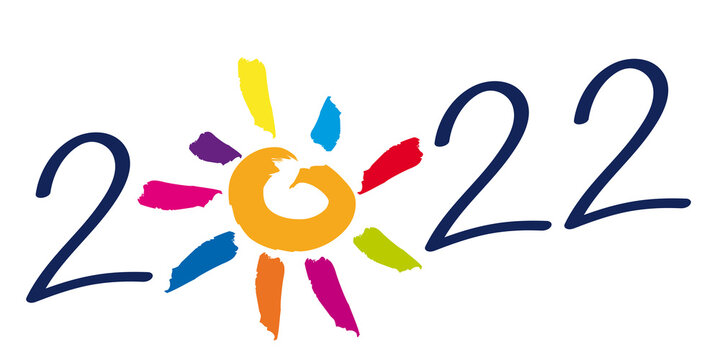 Carte de vœux sur le concept de l’espoir et de l’optimisme pour l’année 2022, avec le symbole d’un soleil aux rayons multicolore.