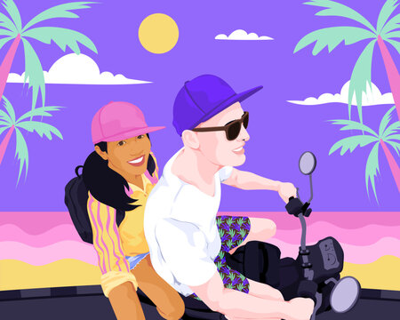 Tourist couple riding motorbike on beach vacation