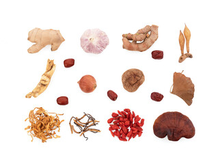 Immune boosting herbs isolated on white background with clipping path.top view,flat lay.