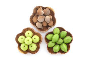Terminalia bellirica , terminalia chebula and phyllanthus emblica isolated on white background.top view ,flat lay.