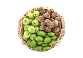 Terminalia bellirica , terminalia chebula and phyllanthus emblica isolated on white background.top view ,flat lay.