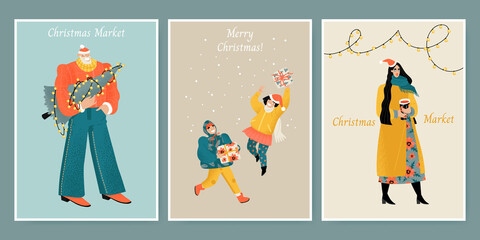 A set of cards for the Christmas market with cute characters of children with gifts, a man with a Christmas tree and a girl with mulled wine