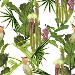 Tropical seamless pattern. Summer print. Jungle rainforest. Sarracenia, genus of carnivorous plants and orchids. Monkey cups exotic plant. Seamless floral pattern with exotic flowers and palm leaves.