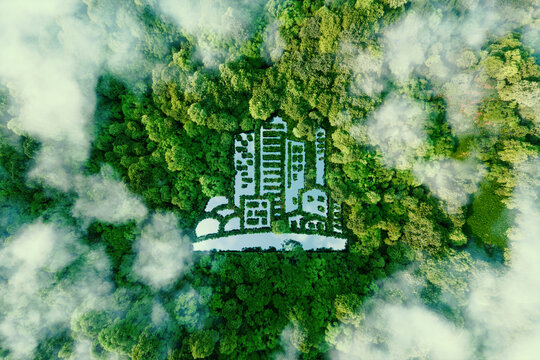 A city-shaped lake in the middle of a lush forest as a metaphor for eco-friendly urbanism and modern green living in general. 3D rendering.