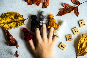 A hand with fingers wearing woolly hats and the word fall spelled in wooden blocks with autumn leaves
