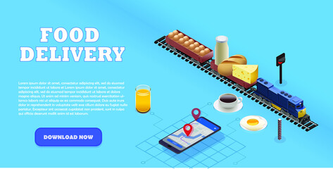 Illustration of breakfast products riding on toy railway train: bread, eggs, milk, cheese. Fried egg, orange juice, cup of coffee. Isometric locomotive. RPG game props. Text "Food Delivery". Vector. © Mykola