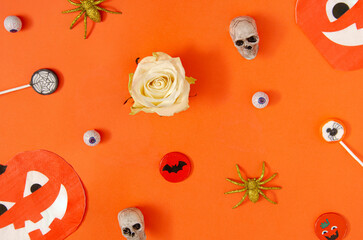 Colorful Halloween concept with pumpkins, skulls, spiders, and roses on vivid orange background. Creative celebration idea.