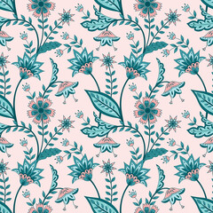 Flower chintz indian pattern seamless vector. Botanical batik paisley background. Ethnic floral print design for women clothing, bedlinen, wallpaper, wrapping paper. - 461023325