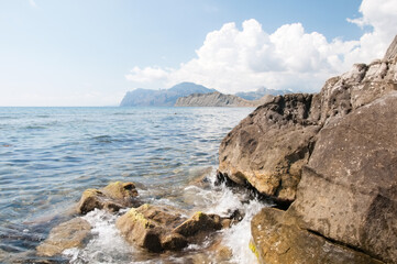 Landscape view of rocky beach and Black Sea coastline near Koktebel village, eastern Crimea, Russia