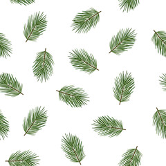 Seamless pattern Merry Christmas with branches of coniferous trees in winter doodle style
