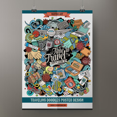 Cartoon vector doodles Traveling poster template.