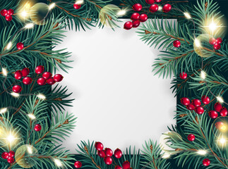Vector Christmas square frame with tree branches, red berries and  light garlands. Christmas decoration concept