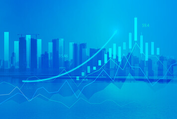 Stock market digital graph chart on LED display concept. A large display of daily stock market price and quotation. Indicator financial with buildings background