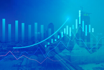 Stock market digital graph chart on LED display concept. A large display of daily stock market price and quotation. Indicator financial with buildings background