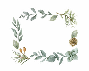 Watercolor vector wreath with green leaves and fir branches.