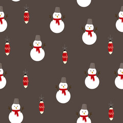 Vector seamless pattern with snowmen and Christmas tree decorations. Winter Christmas and New Year print