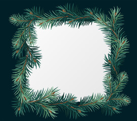 Vector Christmas square frame with pine tree branches and white paper. Christmas decoration concept